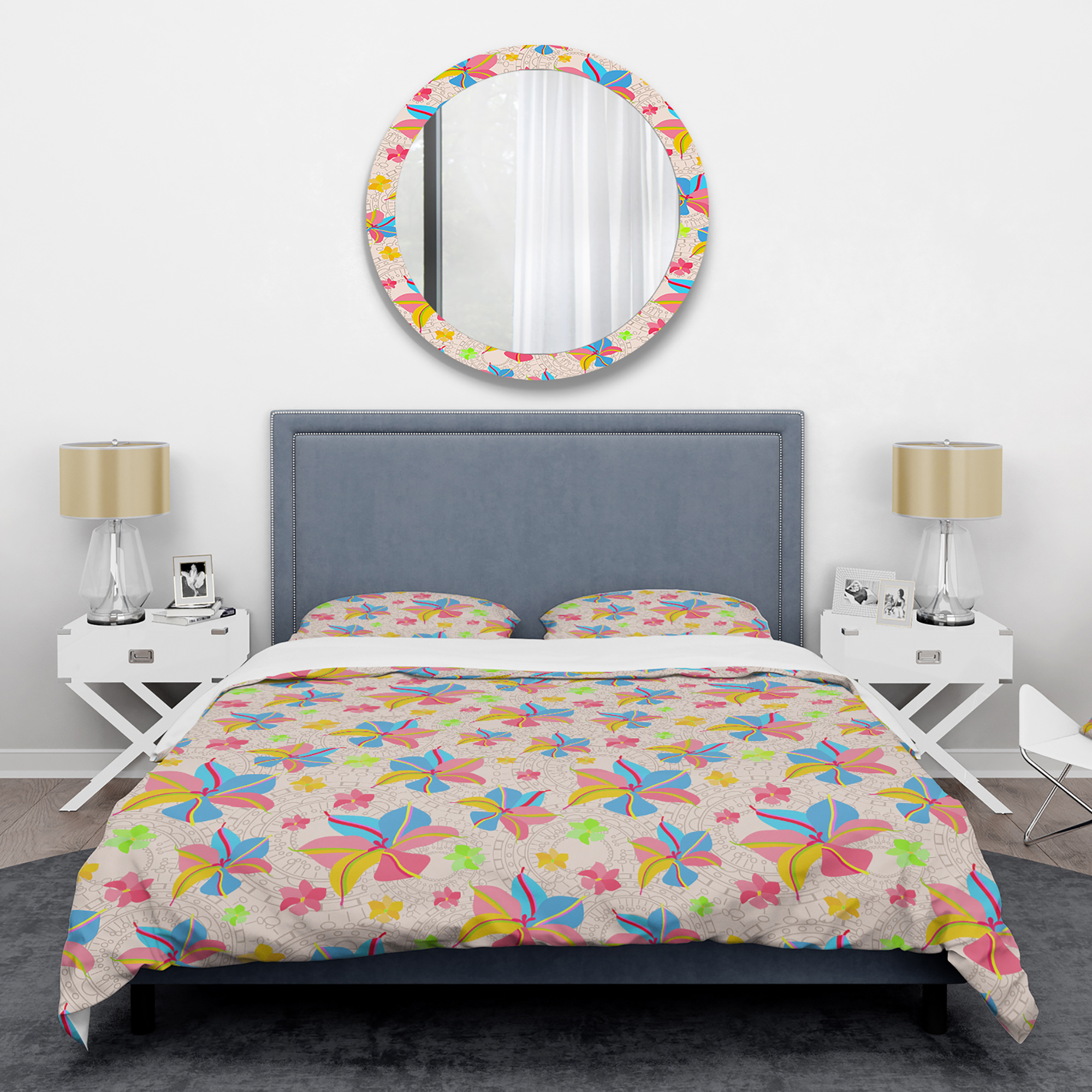 Designart 'Retro Pink Yellow Flowers' Mid-Century Modern Duvet Cover Set
