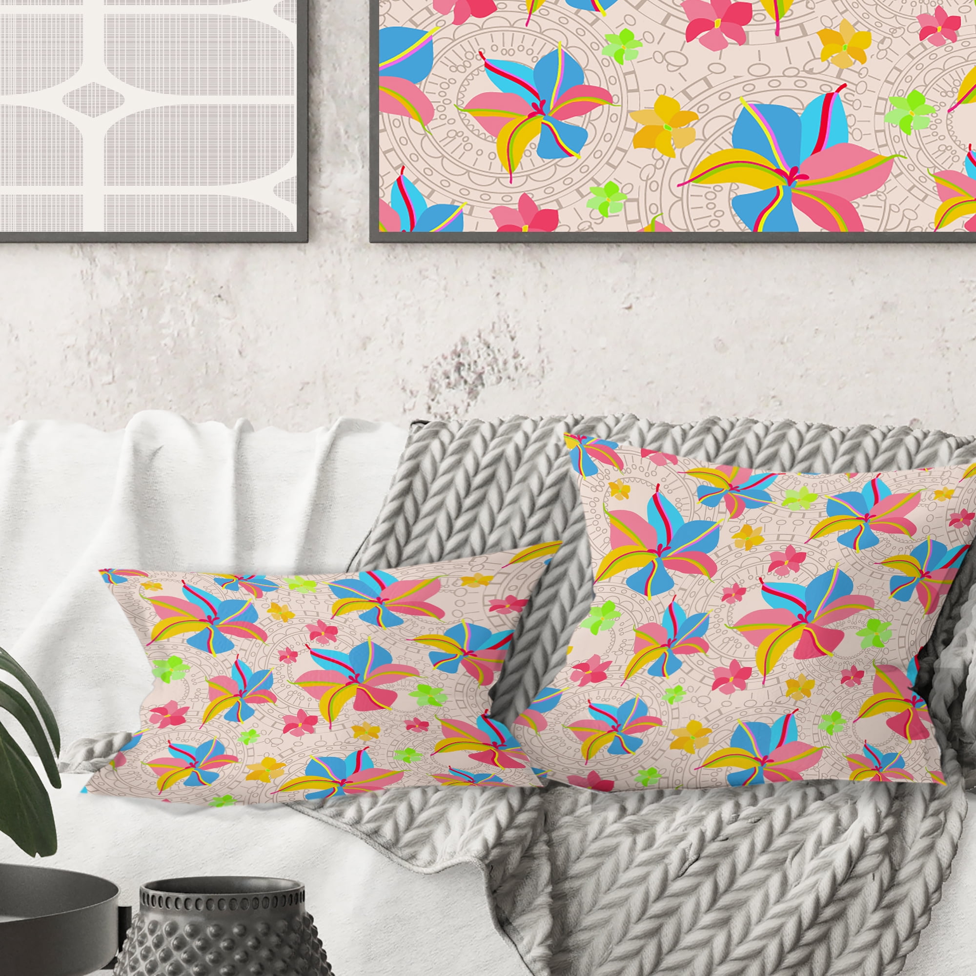 Designart Retro Pink Yellow Flowers' Mid-Century Modern Throw Pillow - 18x18