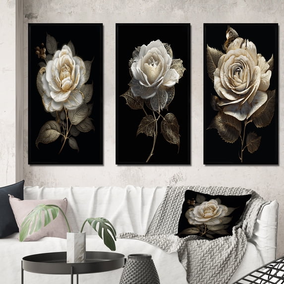 Designart "Retro Portrait White Rose on Black II" Rose Framed Wall Art Set Of 3 - White Traditional Frame Gallery Set For Office Decor
