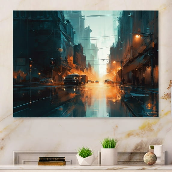 Designart "Retro Radiance Blue And Orange II" City Art Deco Metal Art Living Room