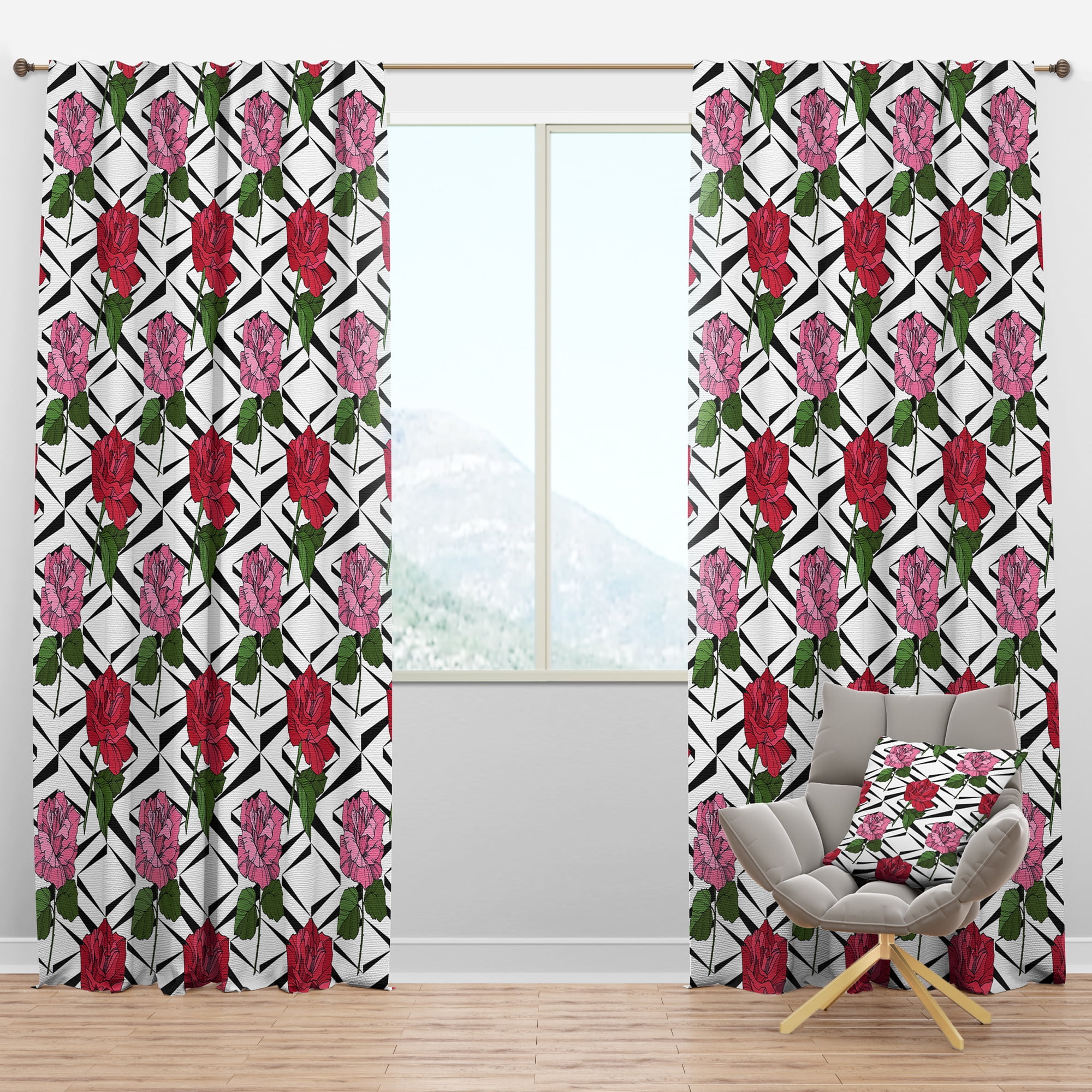 Designart 'Retro Red and Pink Roses' Mid-Century Modern Blackout Curtain Panel