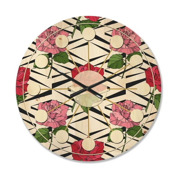 Designart 'Retro Red and Pink Roses' Mid-Century Modern Wood Wall Clock