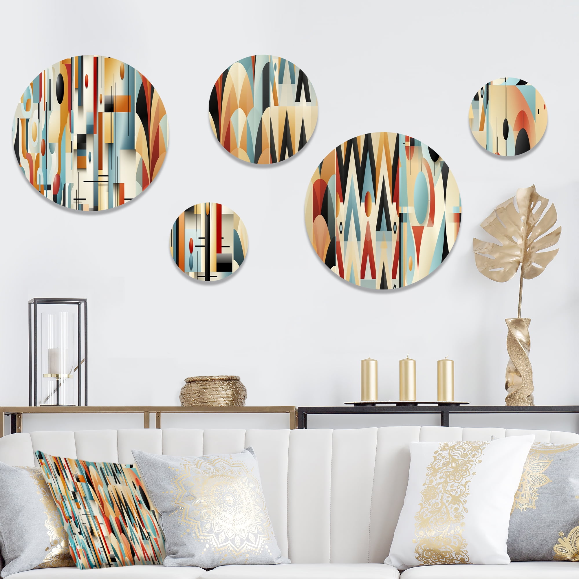 Retro Orange and Turquoise Geometric Metal Wall Art Set of 5