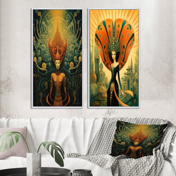 Designart "Retro Reverie Goddess in Dreamy Colors III" Fashion Woman Framed Wall Art Set Of 2 - Glam Brown Frame Gallery Set For Office Decor