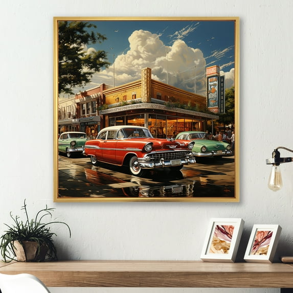 Designart "Retro Reverie in Red Mid Century" Transportation Floater Framed Canvas Wall Art