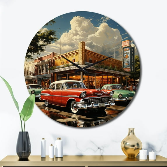 Designart "Retro Reverie in Red Mid Century" Transportation Oversized Wall Clock