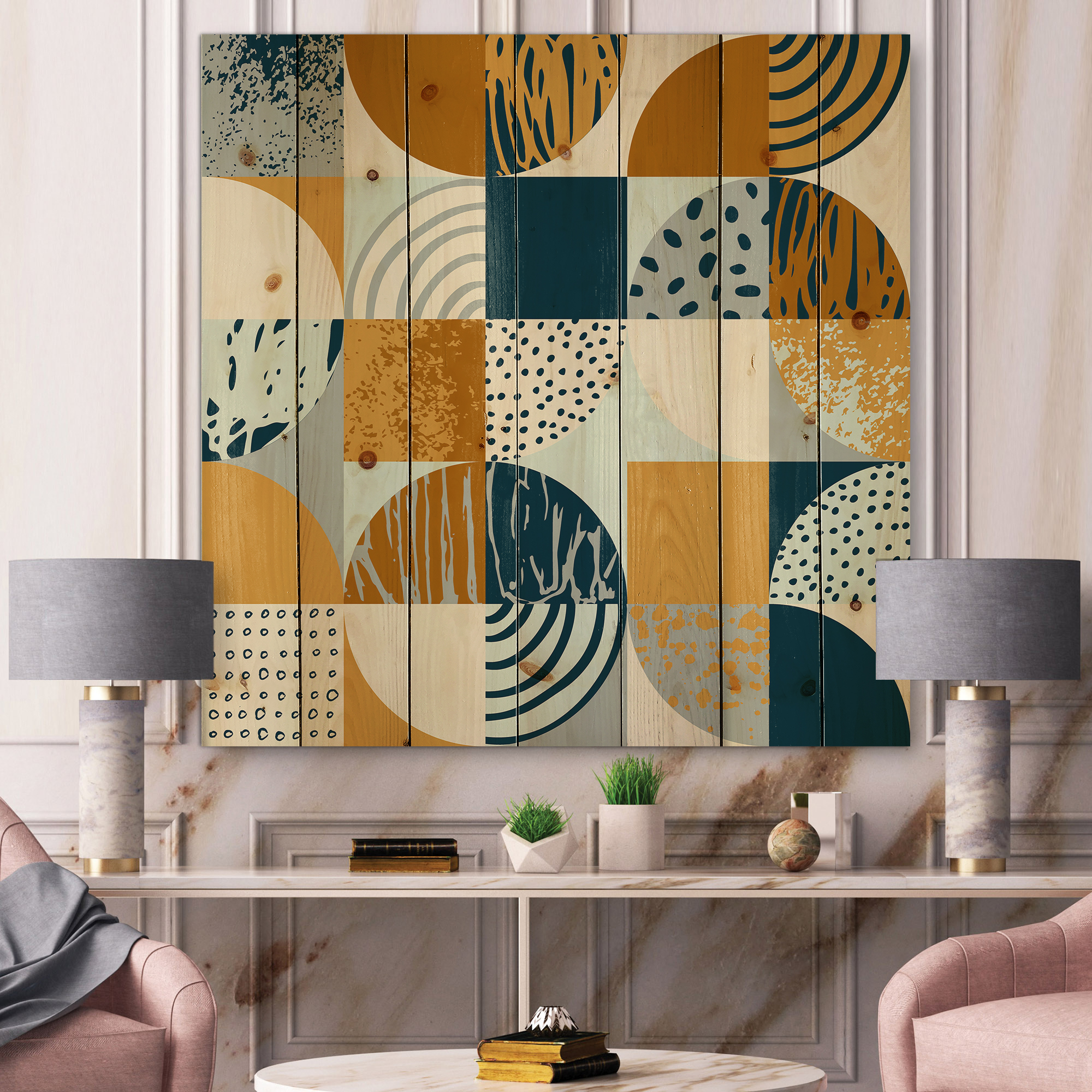 Designart 'Retro Semicircles Squares and Circles' Modern Print on Natural Pine Wood