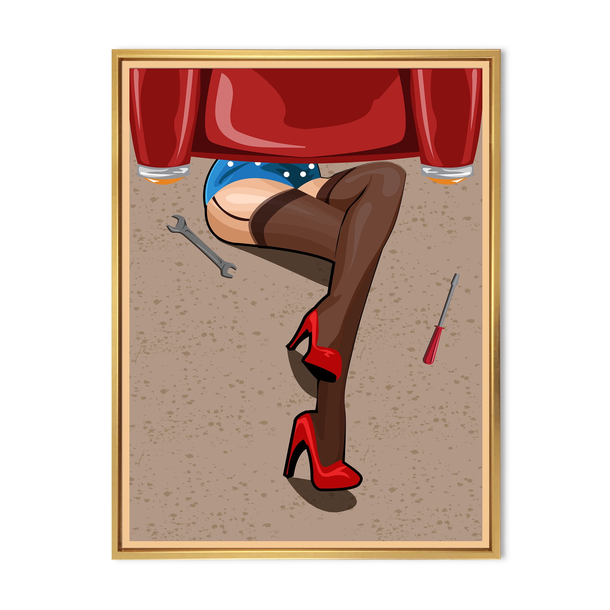 Designart 'Retro Sexy Girl Repairing The Car' Modern Framed Canvas Wall Art Print