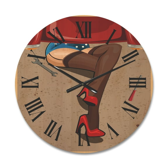Designart 'Retro Sexy Girl Repairing The Car' Modern Wood Wall Clock