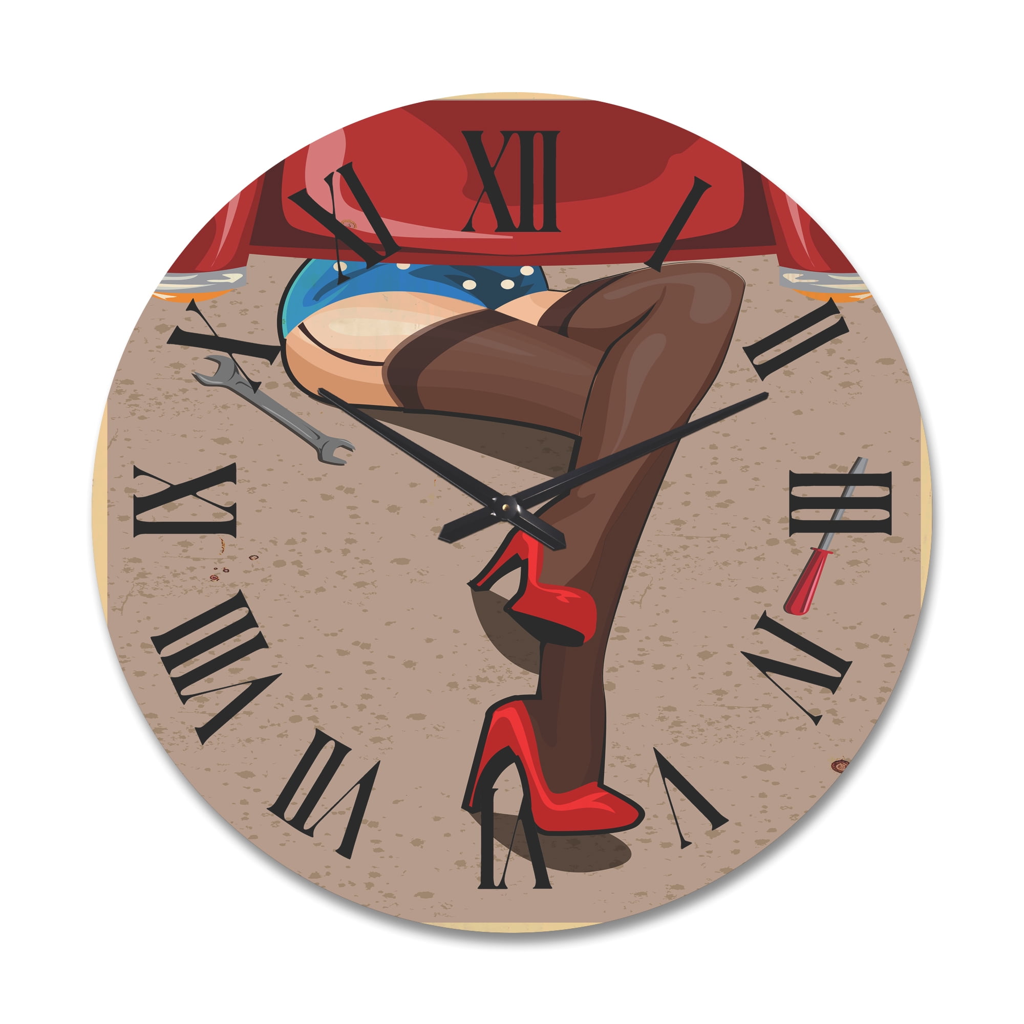 Designart 'Retro Sexy Girl Repairing The Car' Modern Wood Wall Clock