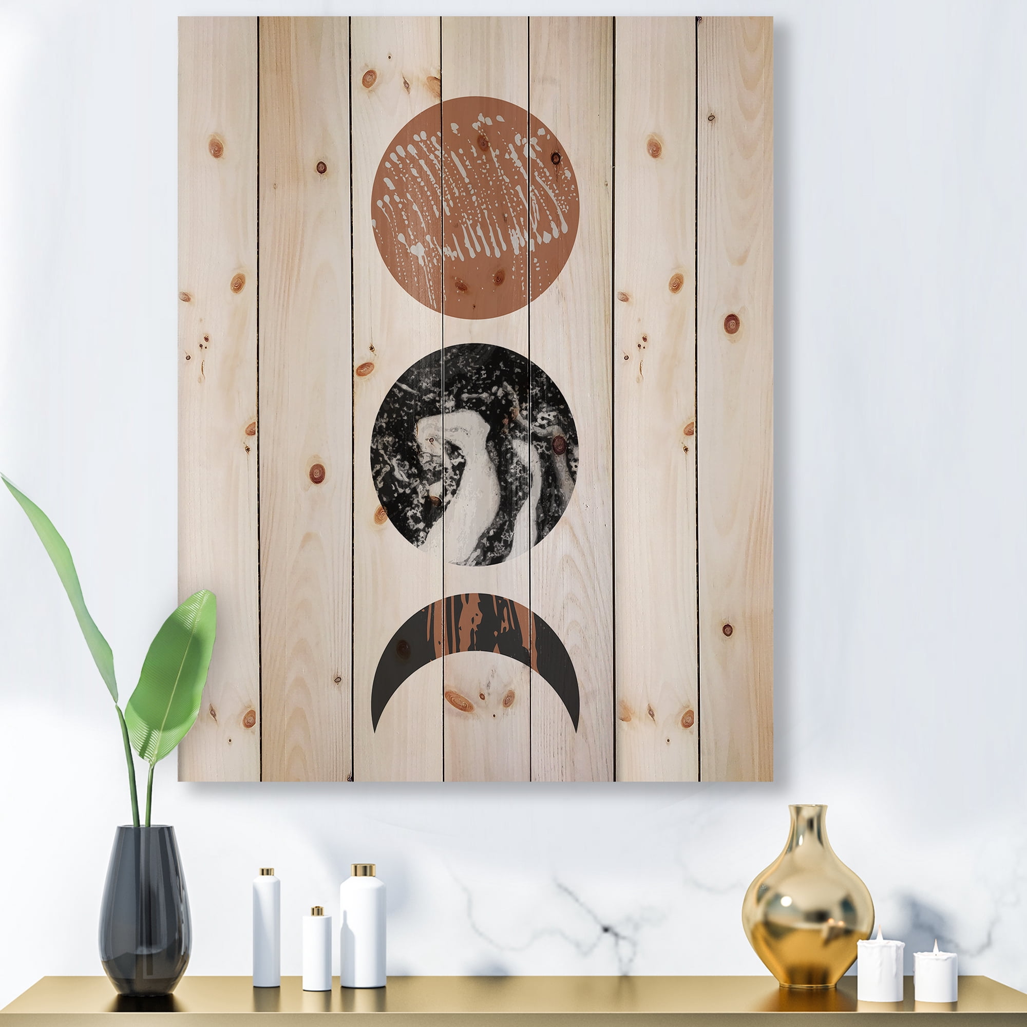 Designart 'Retro Shapes Abstract Moons and Suns' Modern Print on Natural Pine Wood