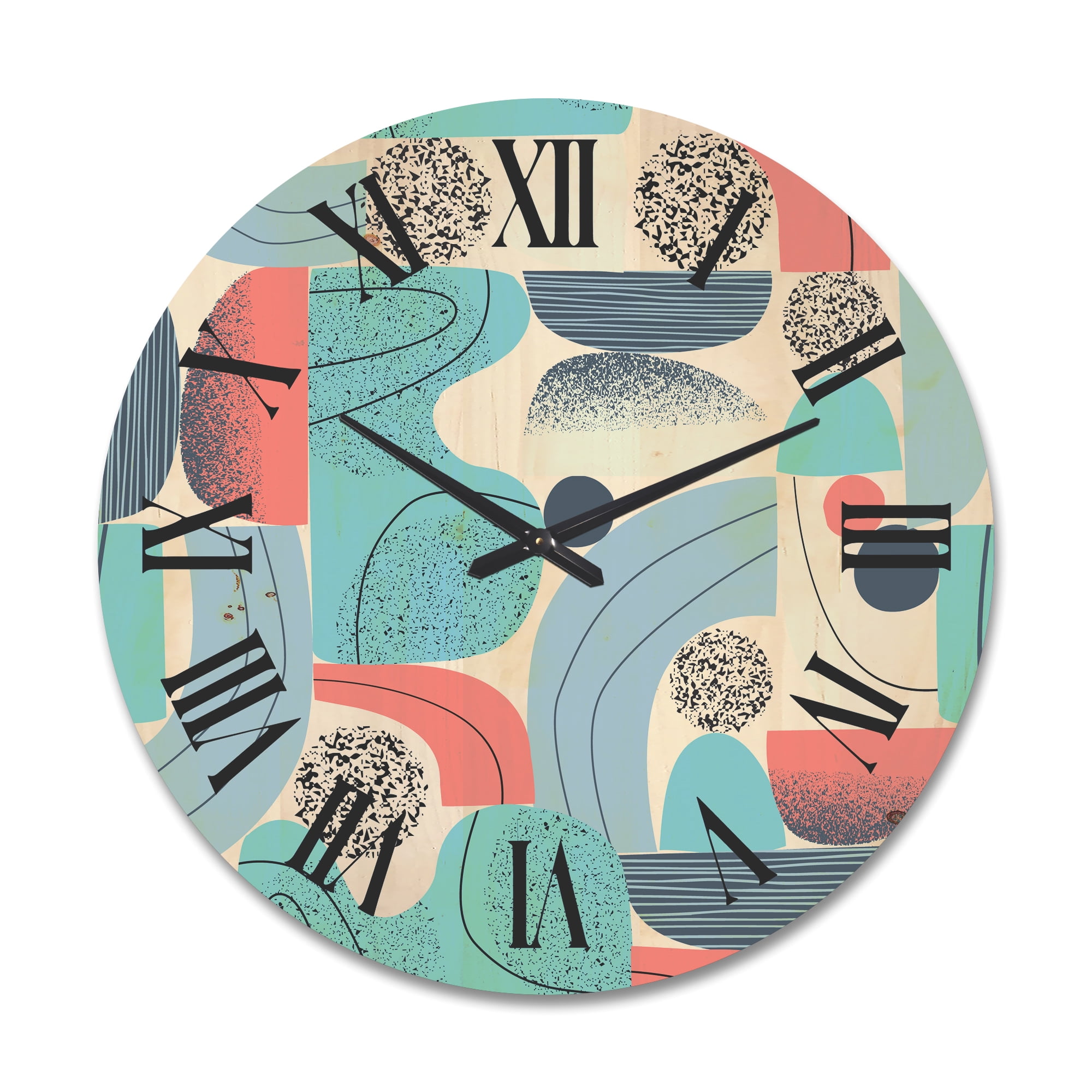 Designart 'Retro Shapes With Abstract Moons and Suns II' Modern Wood Wall Clock