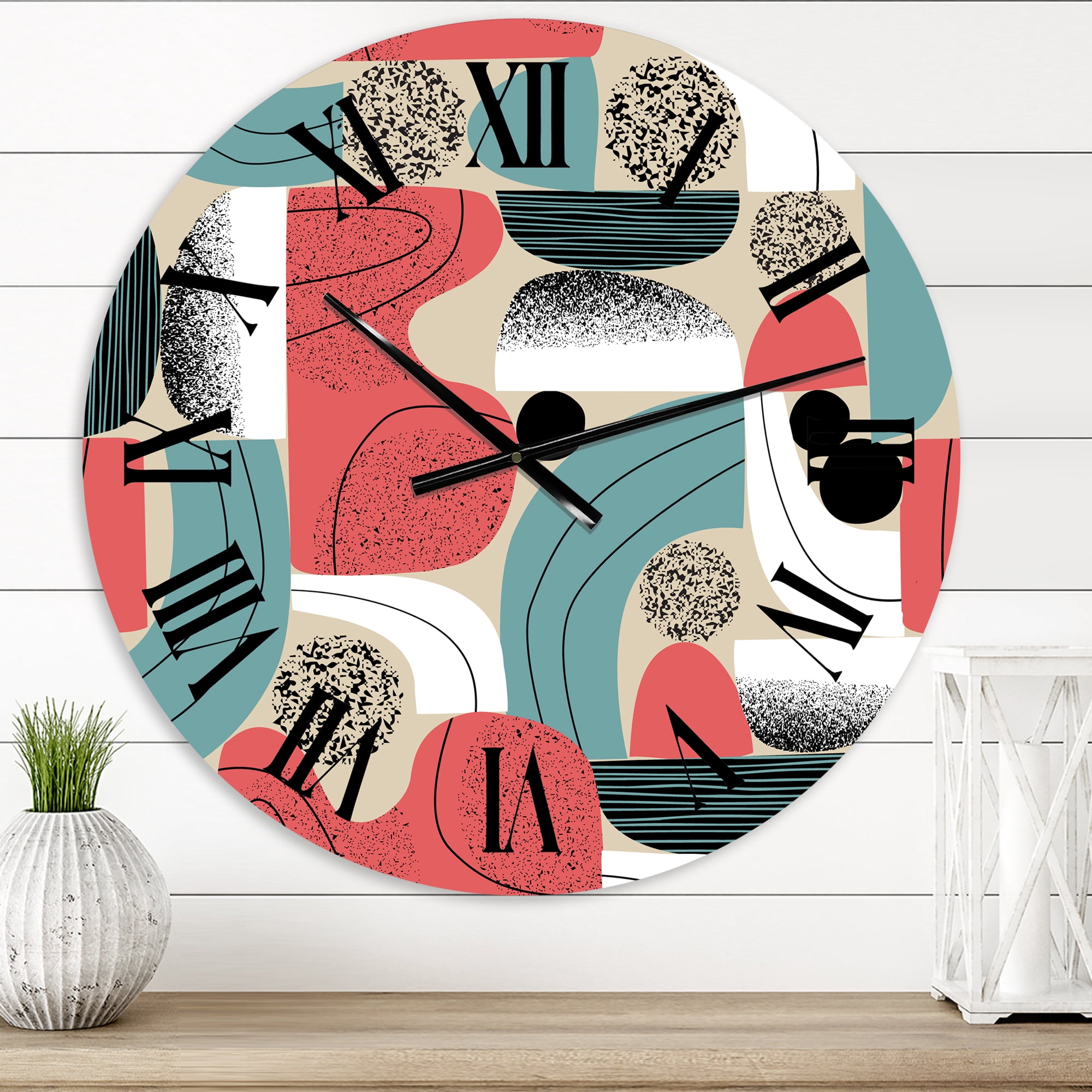 Designart 'Retro Shapes With Abstract Suns And Moons Iii' Modern Wall Clock