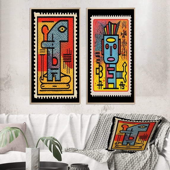 Designart "Retro Stamp Tribute to Keith Vintage Homage IV" Transitional Framed Wall Art Set Of 2 - Abstract Red Framed Canvas Set For Living Room Decor