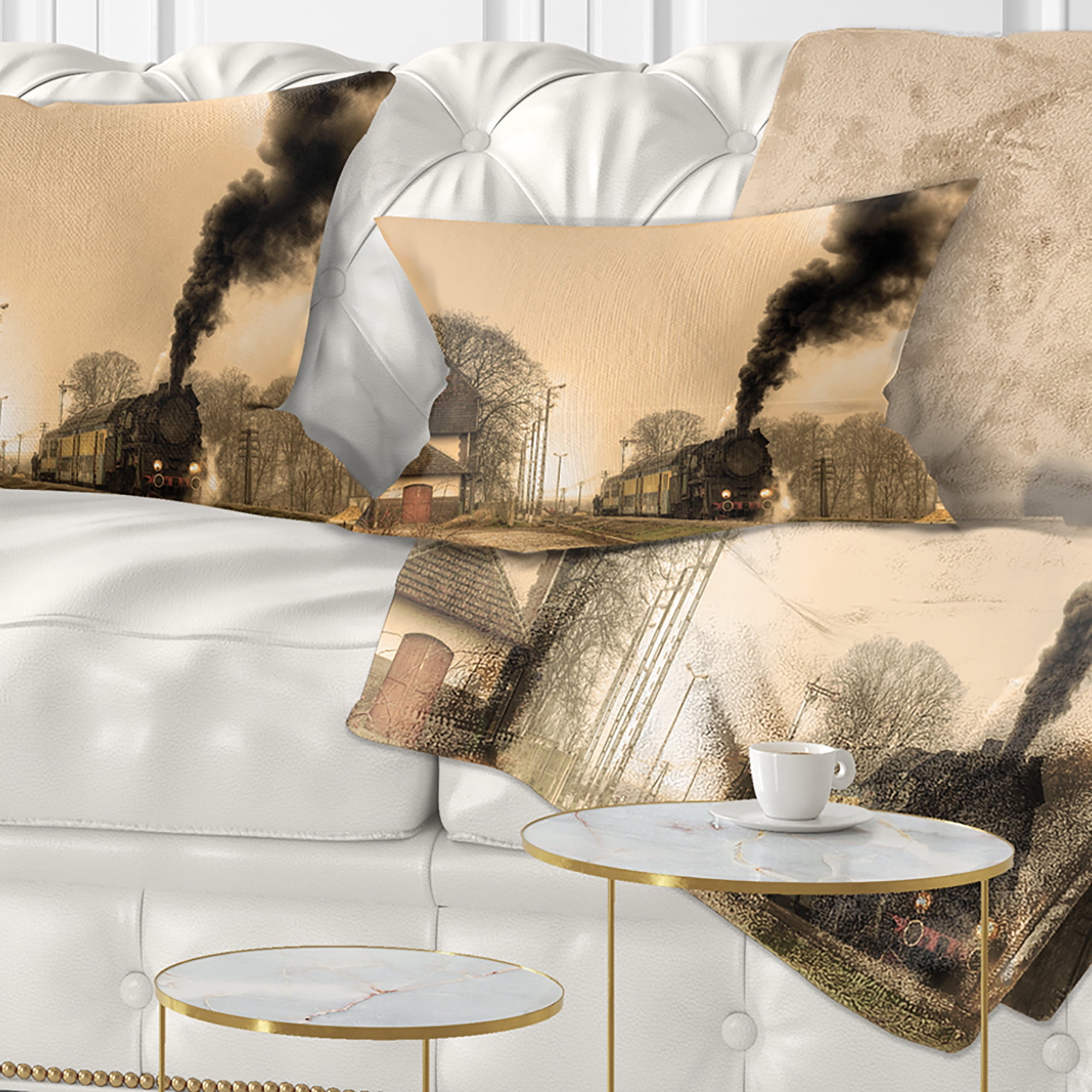 Designart Retro Steam Train - Landscape Photography Throw Pillow - 12x20