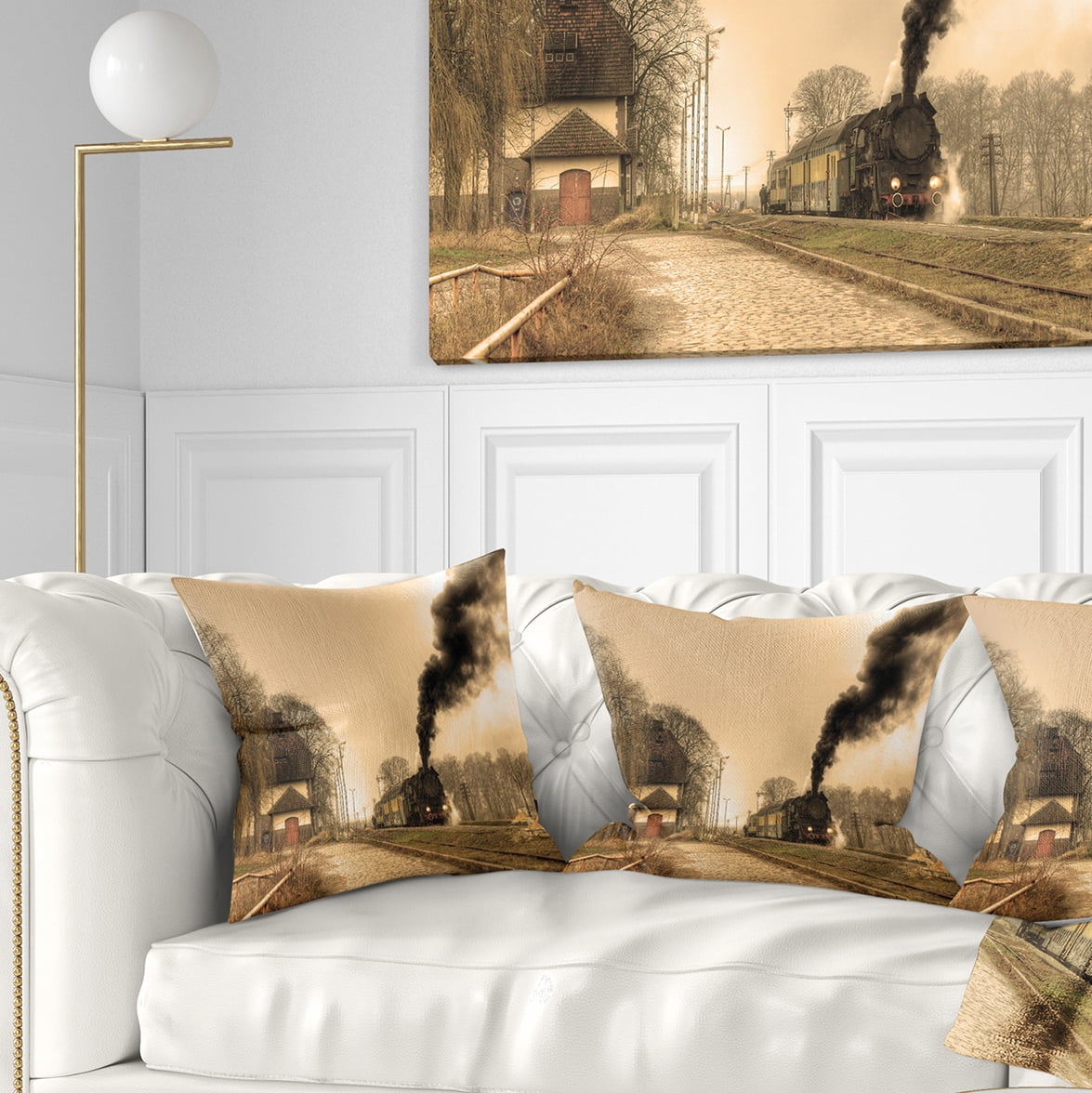 Designart Retro Steam Train - Landscape Photography Throw Pillow - 18x18