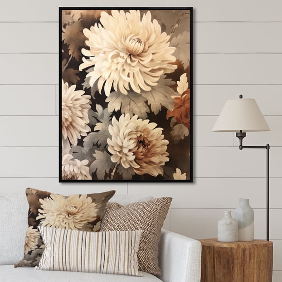 Designart "Retro Taupe Chrysanthemum Harmony I" Chrysanthemums Floater Framed Canvas Prints