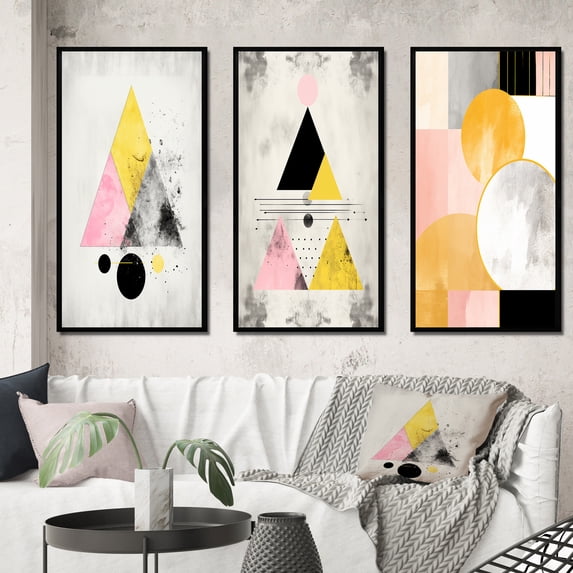 Designart "Retro Triangular Transcendence IV" Modern Geometric Framed Wall Art Set Of 3 - Pink Abstract Frame Gallery Wall Set For Home Decor