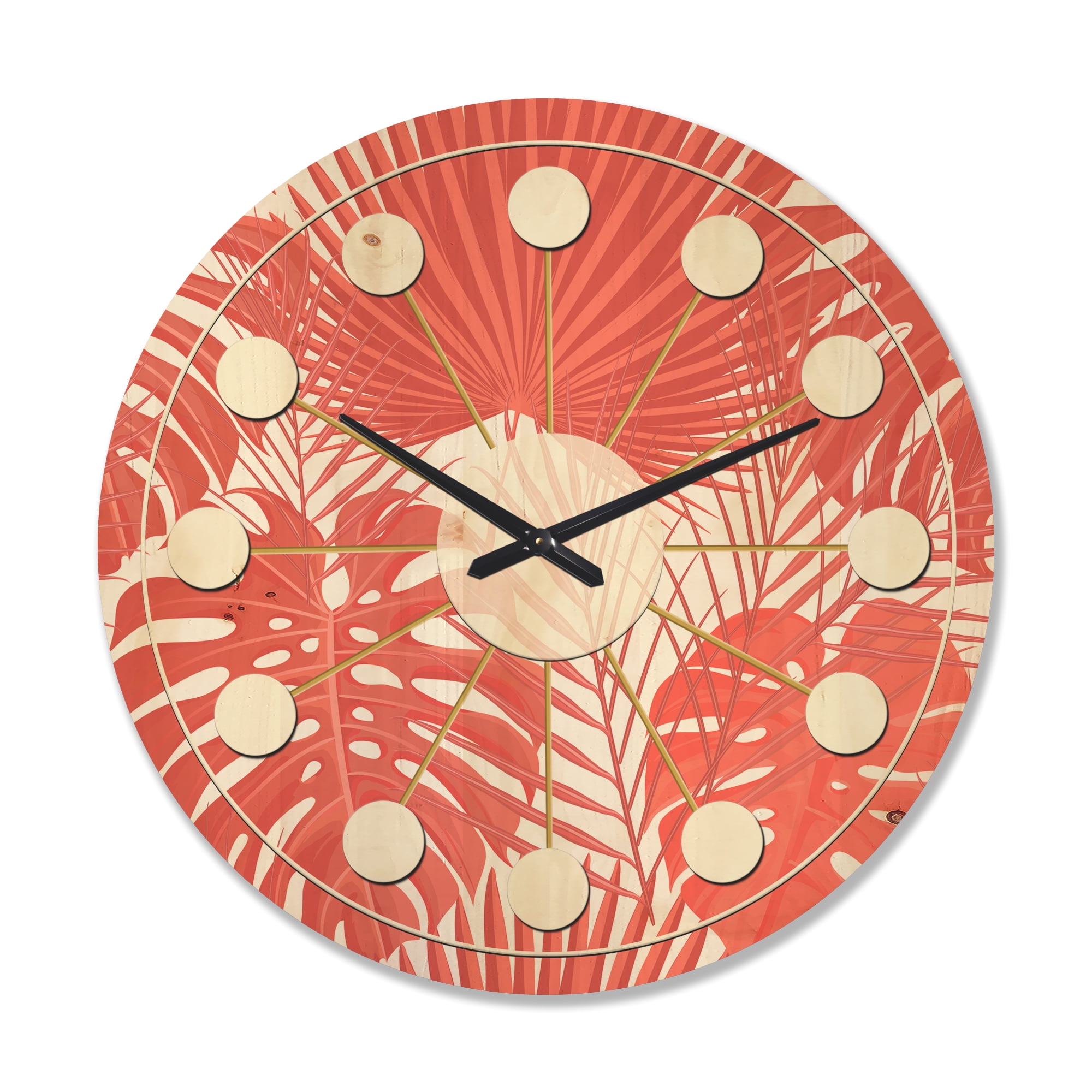 Designart 'Retro Tropical Foliage Coral I' Mid-Century Modern Wood Wall Clock