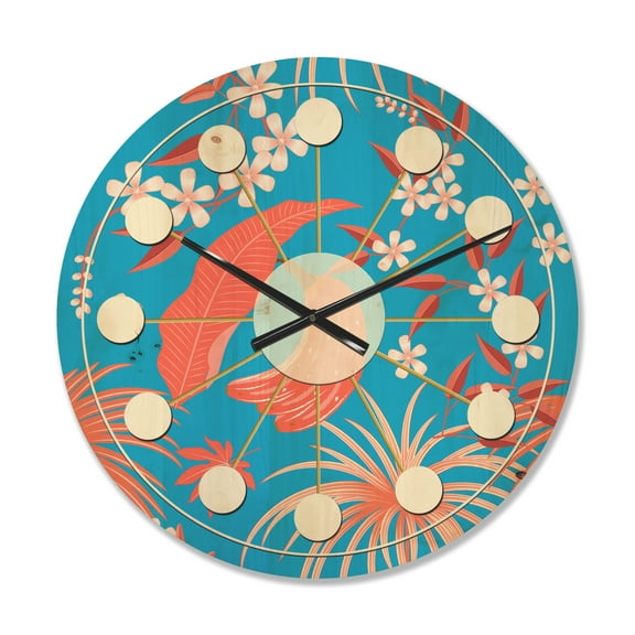 Designart 'Retro Tropical Foliage Coral II' Mid-Century Modern Wood Wall Clock