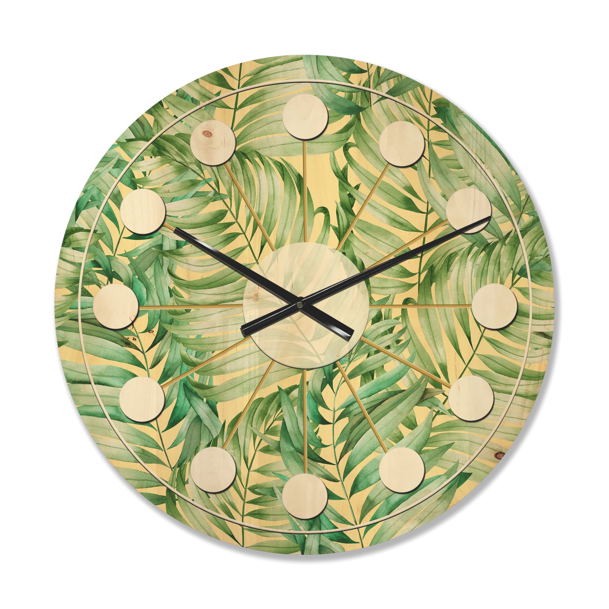 Designart 'Retro Tropical Foliage I' Mid-Century Modern Wood Wall Clock