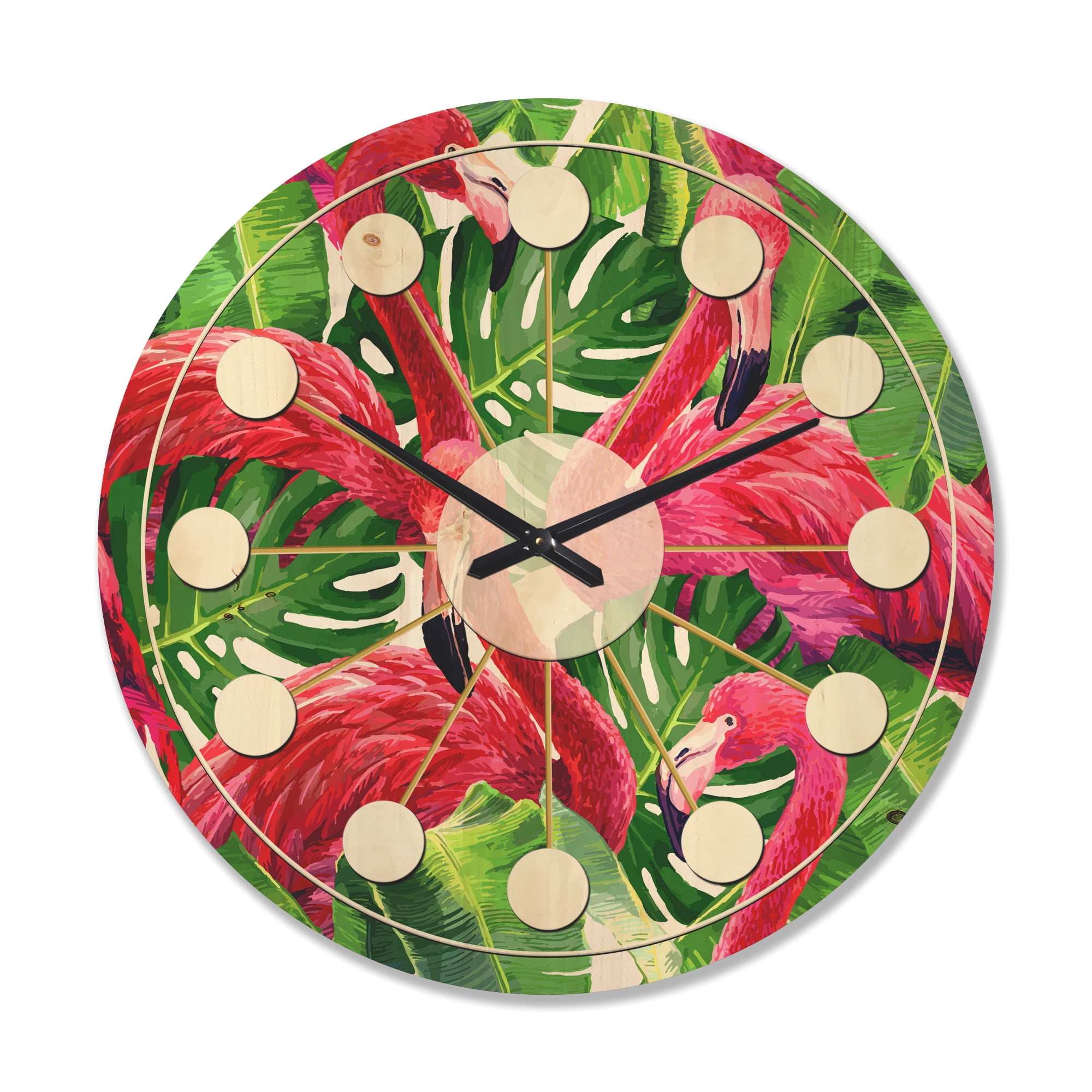 Designart 'Retro Tropical Pink Flamingo With Green Leaves' Mid-Century Modern Wood Wall Clock