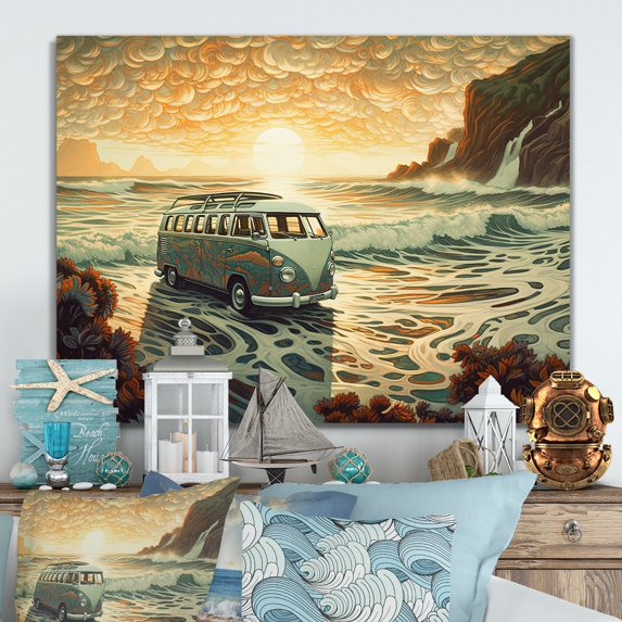 Designart "Retro Van On The Coastline Green And Orange I" Retro Car Metal Wall Art Prints