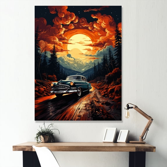 Designart "Retro Vehicle In Celestial Art I" Car Vintage Canvas Wall Art