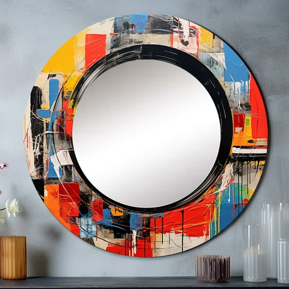 Designart "Retro Vibes in Colorful Vinyl II" Music Rund Mirror For Wall Decor - Large Multi-Color Round Print Mirror - Round Mid-Century Mirror 23" x 23" Inch - Wall Mounted Round Large Mirror