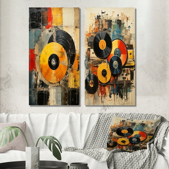 Designart "Retro Vibes in Colorful Vinyl I" Vinyl Records Wall Art Set Of 2 - Multi-Color Fashion Gallery Wall Set For Home Decor