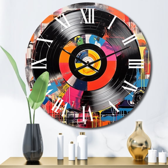 Designart "Retro Vibes in Colorful Vinyl III" Music Oversized Wall Clock