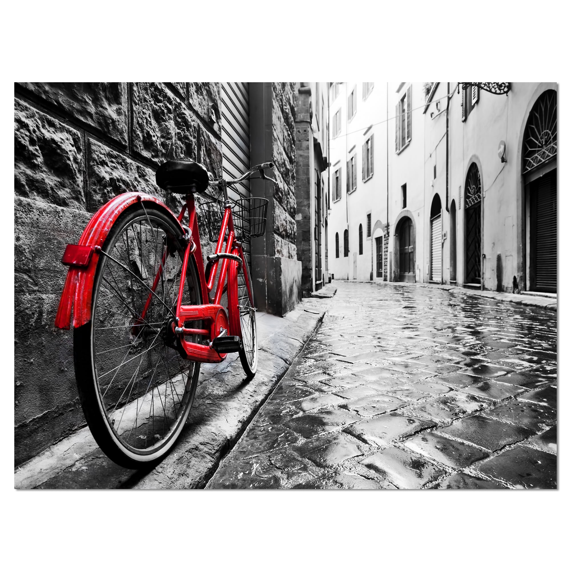 Designart Retro Vintage Red Bike Cityscape Photo Canvas Art Print