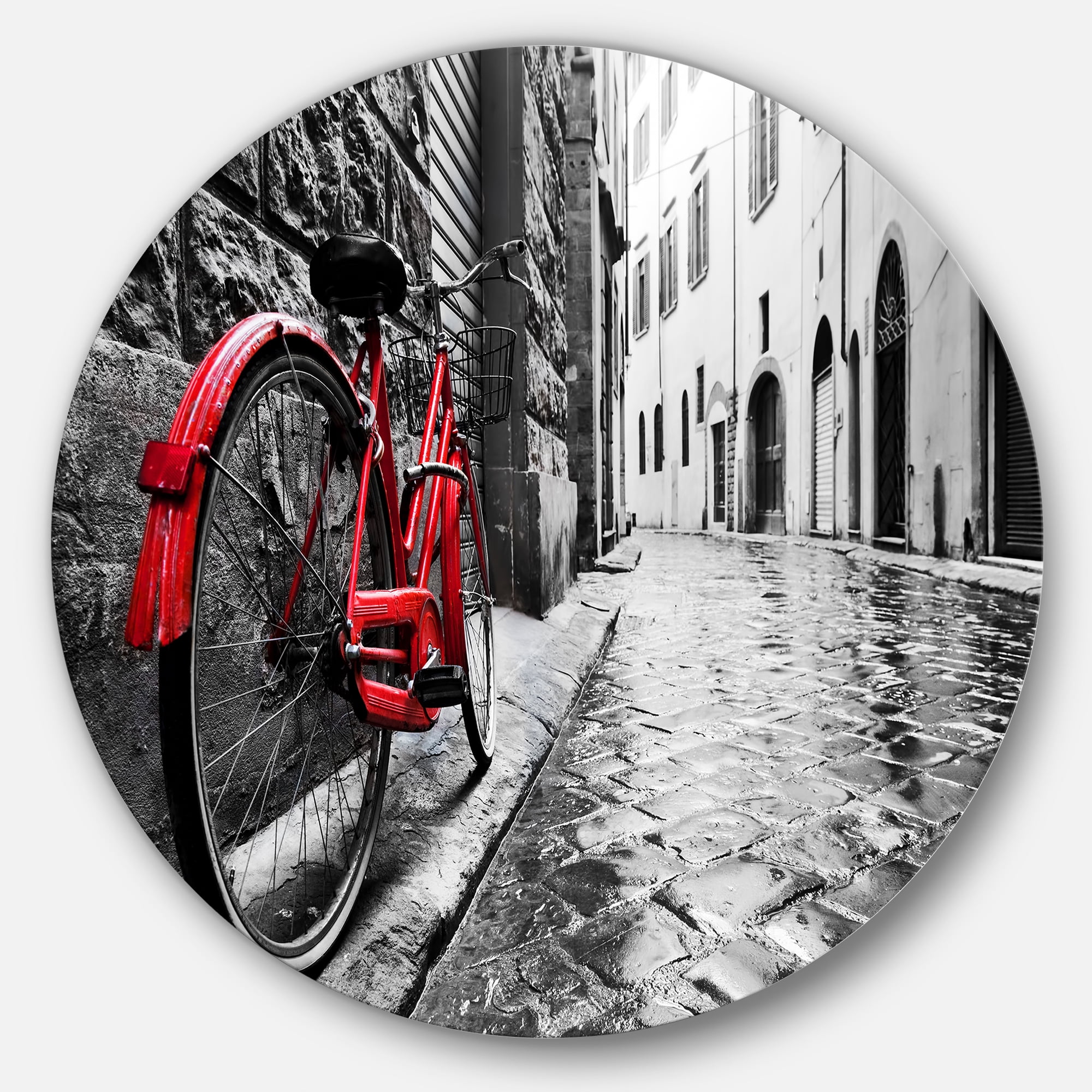 Designart Retro Vintage Red Bike' Cityscape Photo Circle Metal Wall Art