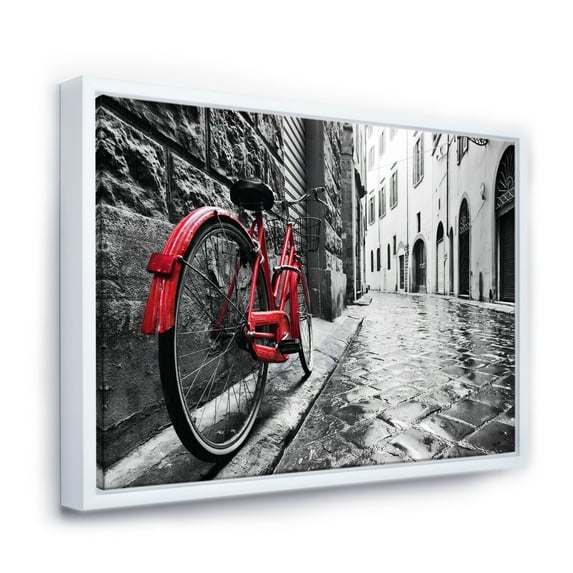 Designart ' Retro Vintage Red Bike ' Cityscape Photo Framed Canvas Art Print