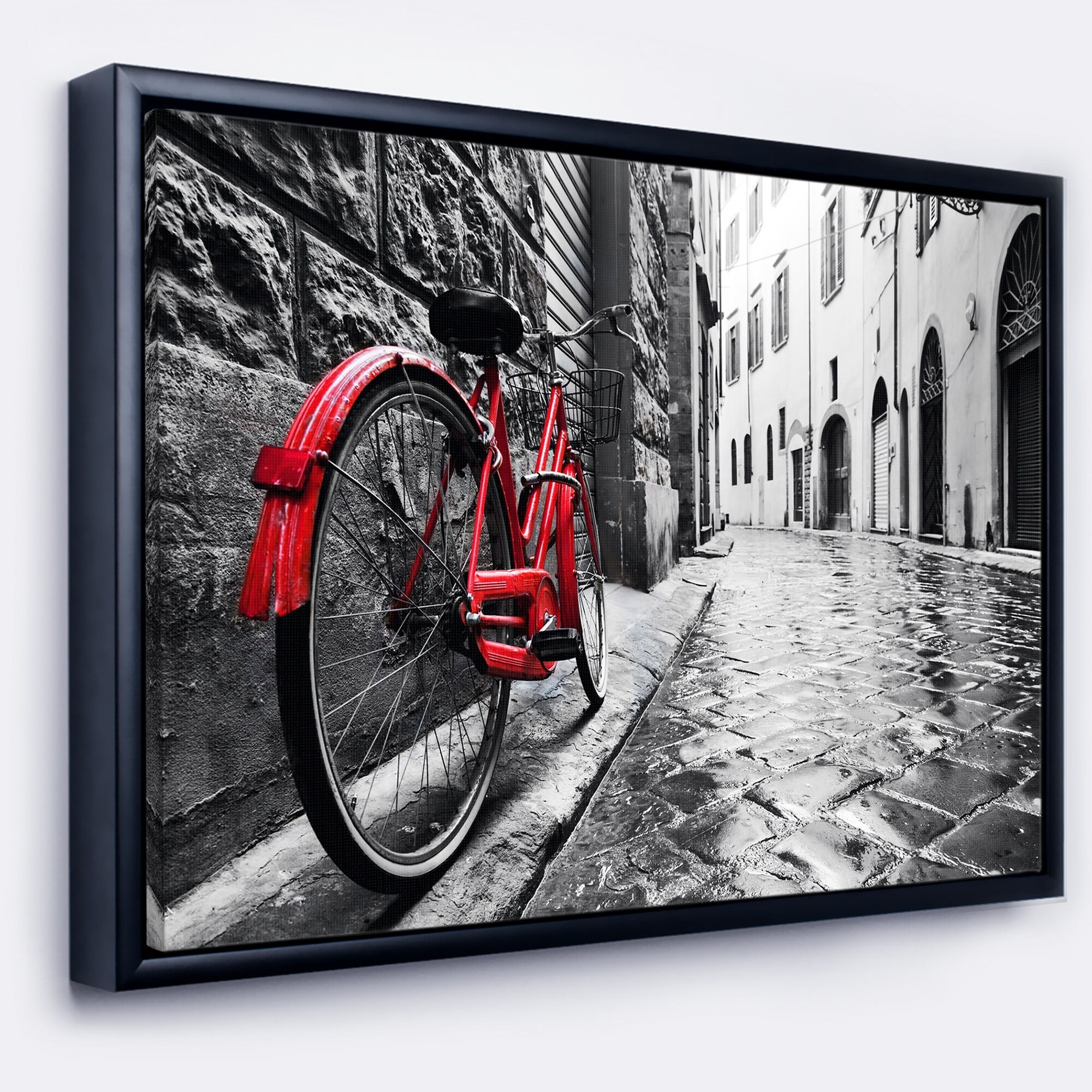 Designart ' Retro Vintage Red Bike ' Cityscape Photo Framed Canvas Art Print