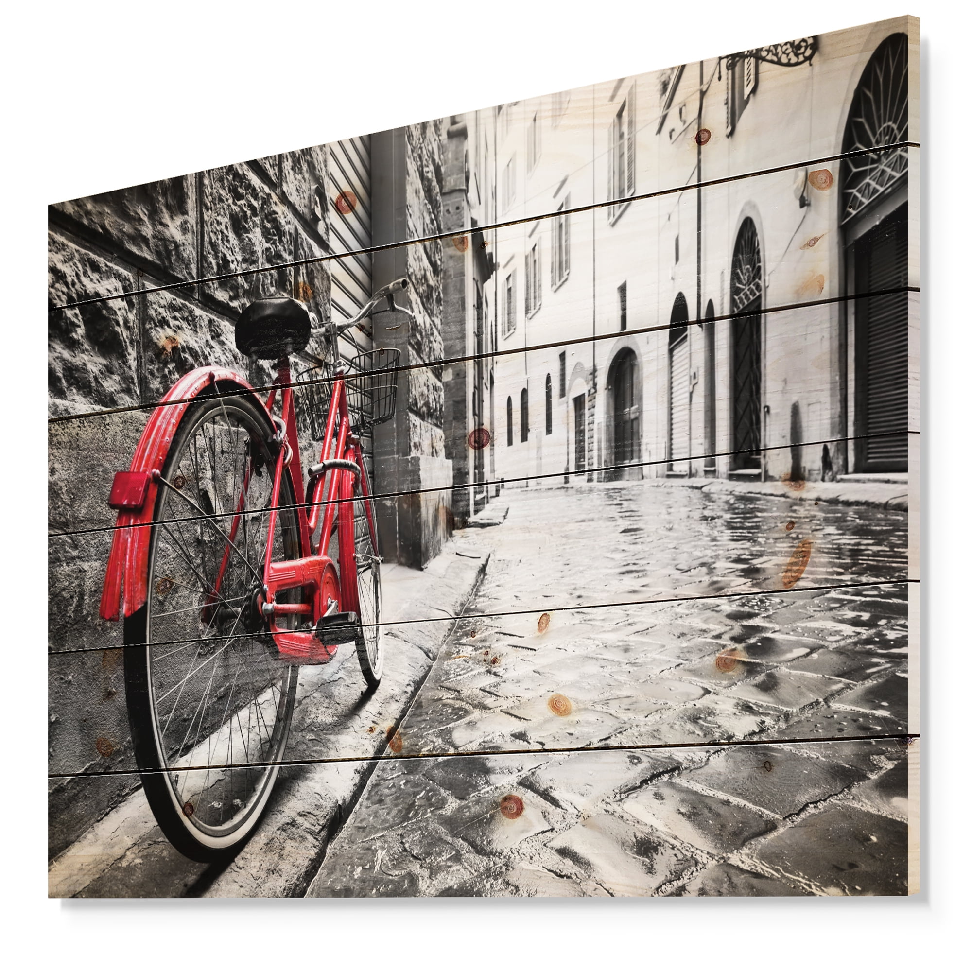 Designart 'Retro Vintage Red Bike' Cityscape Photo Print on Natural Pine Wood