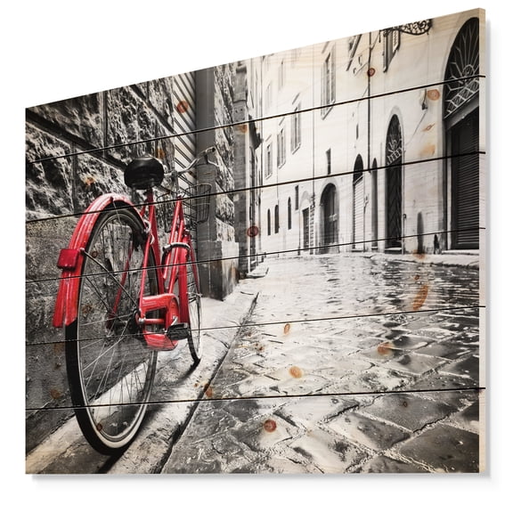 Designart 'Retro Vintage Red Bike' Cityscape Photo Print on Natural Pine Wood
