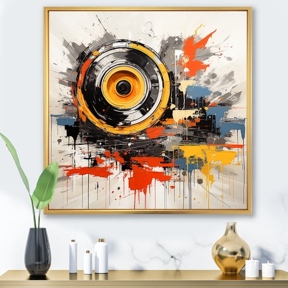 Designart "Retro Vinyl Music Serenade I" Fashion Framed Wall Art - Yellow Vinyl Records Bedroom Framed Canvas Wall Art