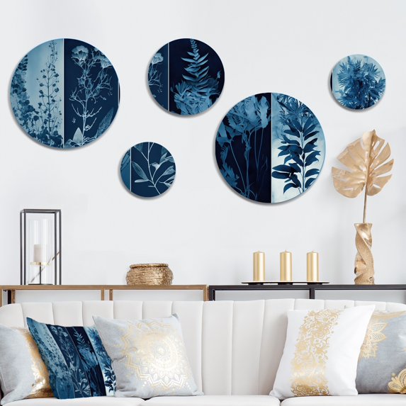 Designart "Retro Wildflowers In Shades Of Blue IV" Floral Metal Wall Art Set of 5 Piece