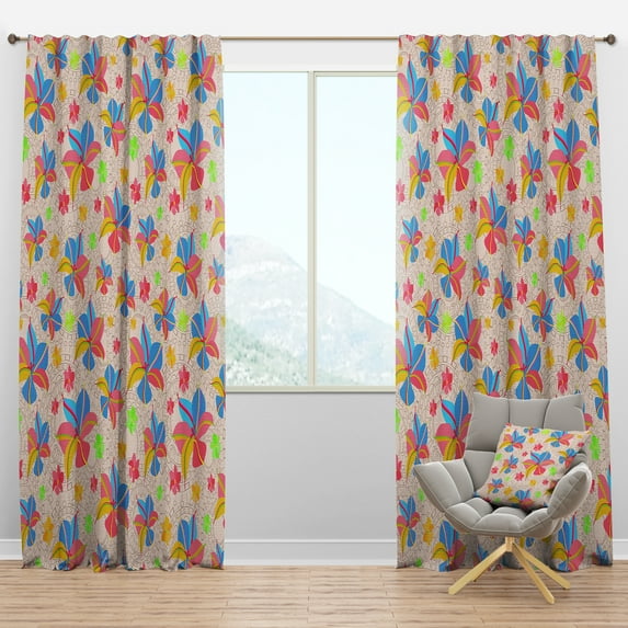 Designart 'Retro Yellow Pink Flowers' Mid-Century Modern Blackout Curtain Panel