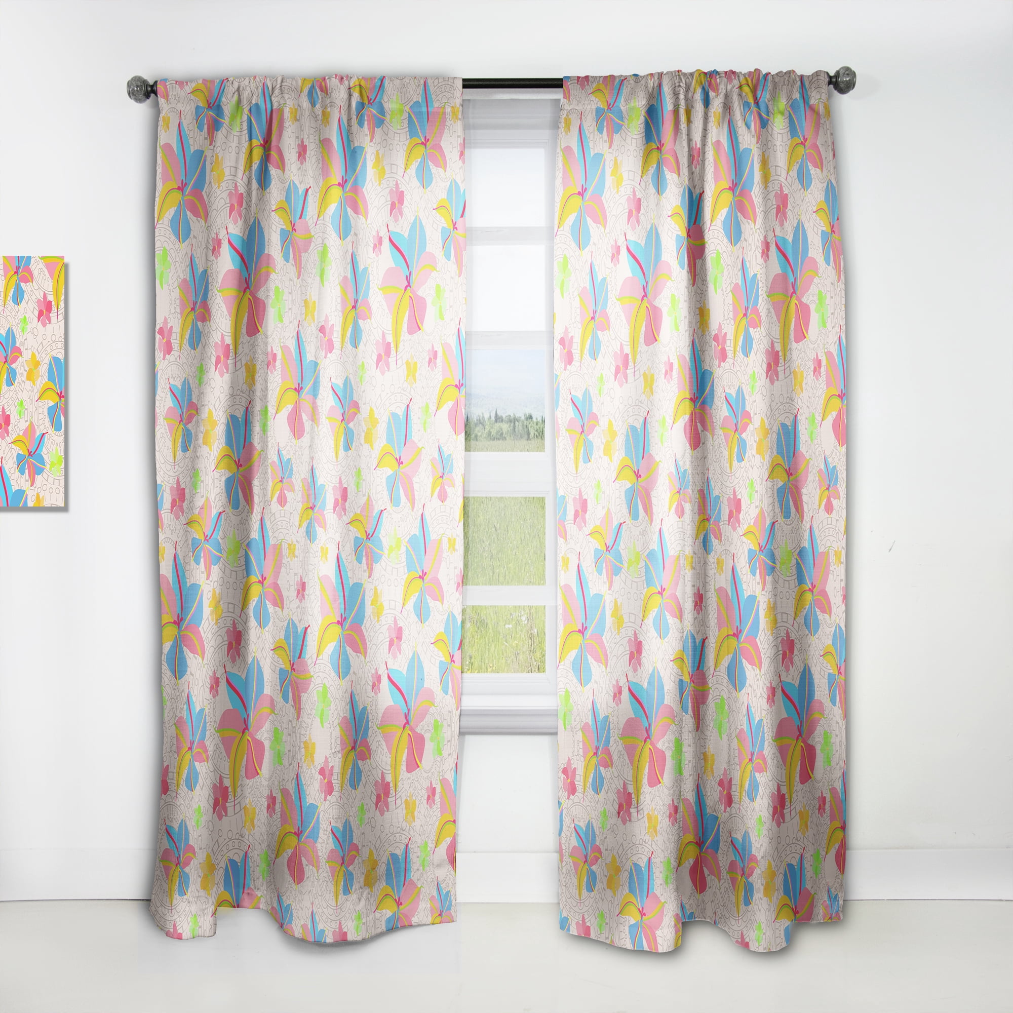 Designart 'Retro Yellow Pink Flowers' Mid-Century Modern Curtain Panel