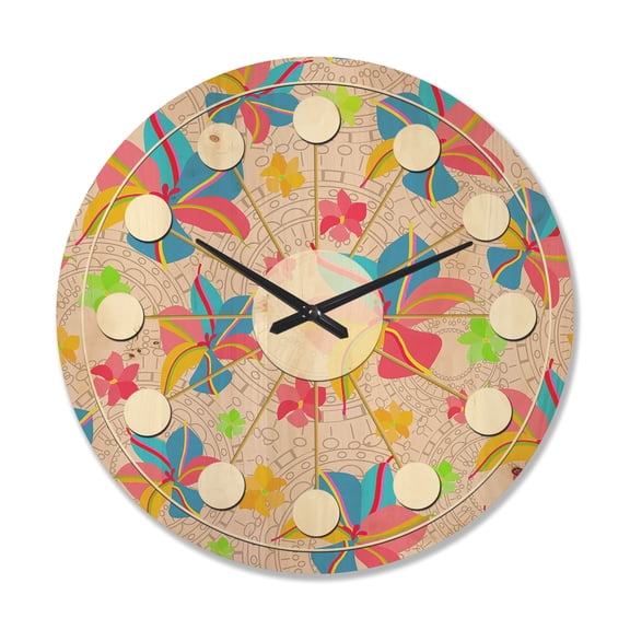 Designart 'Retro Yellow Pink Flowers' Mid-Century Modern Wood Wall Clock