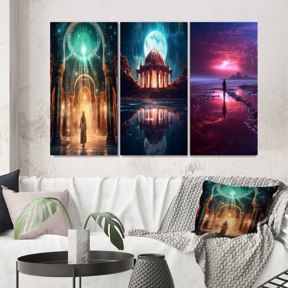 Designart "Revelation of Ancient Atlantis Mystery of Light" Abstract Landscape Wall Art Set Of 3 - Abstract Landscapes Gold Gallery Set For Office Decor