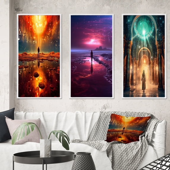 Designart "Revelation of Ancient Atlantis Mystery of Light I" Abstract Landscape Framed Wall Art Set Of 3 - Red Abstract Landscapes Frame Gallery Set For Office Decor