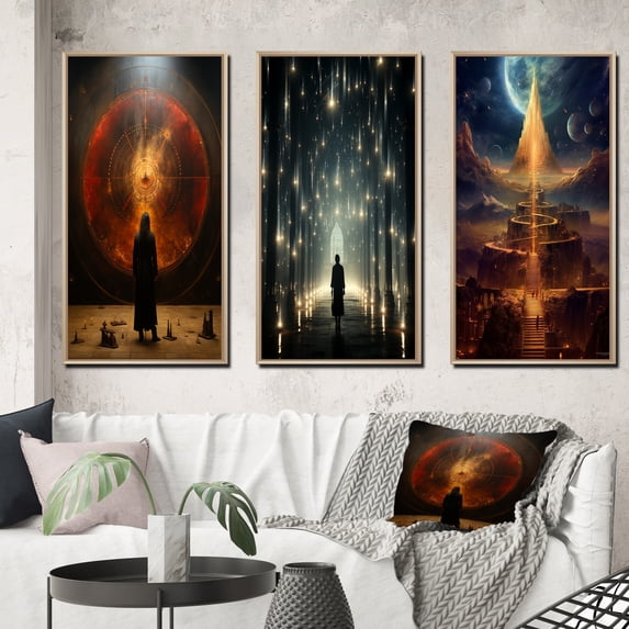 Designart "Revelation of Ancient Atlantis Mystery of Light IV" Abstract Landscape Framed Wall Art Set Of 3 - Red Abstract Landscapes Frame Canvas Set For Living Room Decor