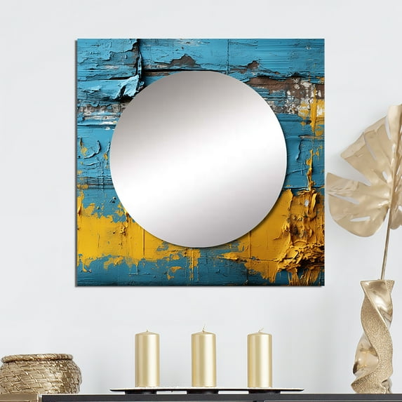Designart "Reverberations Of Ukraine Vintage Blue And Yellow" Transitional Square Mirror For Wall Decor - Large Blue Square Printed Wall Mirror Art - Wall Mounted Square Mirror