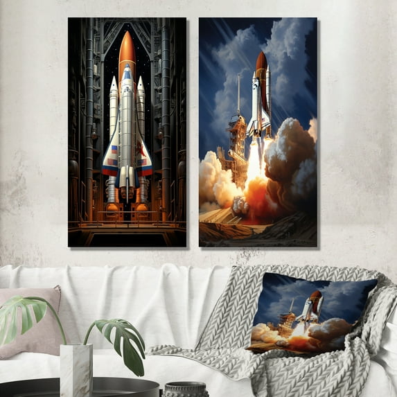 Designart "Reverent Rocketship I" Rocketship Wall Art Set Of 2 - Coral Transportation Canvas Set For Living Room Decor