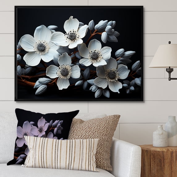 Designart "Reverie In Dogwood Noir I" Dogwood Floater Framed Canvas Wall Art