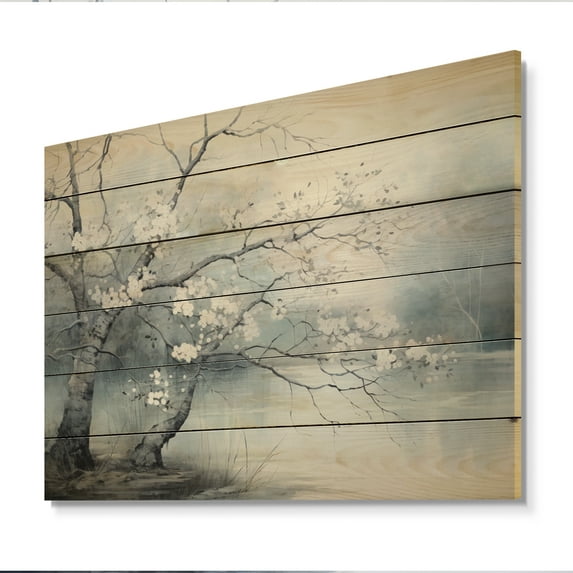Designart "Reverie Tree White and Grey" Landscape Trees Print on Natural Pine Wood