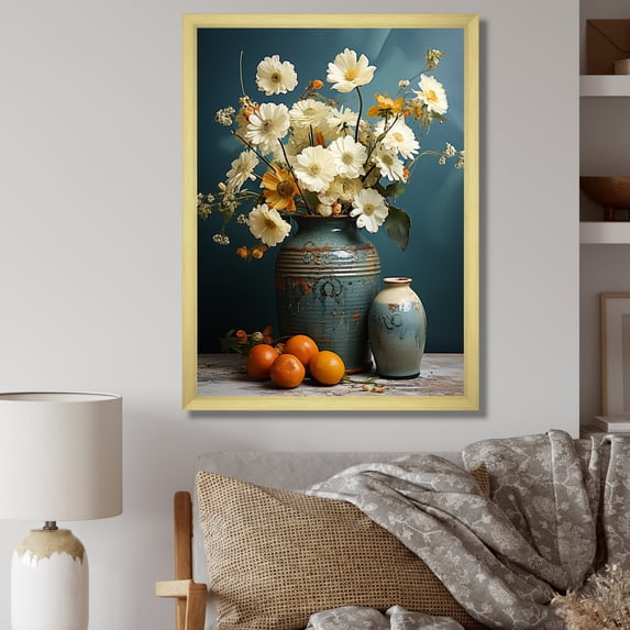 Designart "Reverie in Retro Pottery with White Florals" Geometric Framed Wall Art - Bohemian White Boho Pottery Entryway Framed Wall Art Print